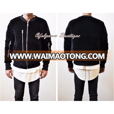 MA1 VELVET Custom Vanta Black Hunter Fog Front and Sleeve Zipper Quilted Bomber Jacket / Flight Jacket /Stich Lines on the Side