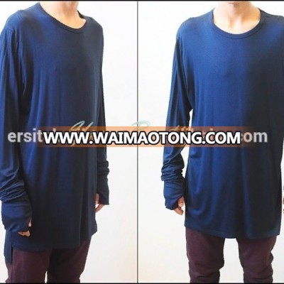 Mens Cotton Thumbs holes Lengthen Extended Elongated Henley Tee Design Long Sleeve Tops Tee