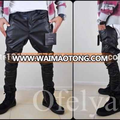 Biker Drop Crotch Side Pocket False Zippers Knee Side Leather Harem Pants