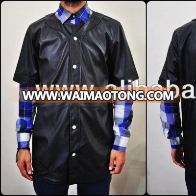 Men's Collage Style Faux Leather Baseball Jersey Shirt